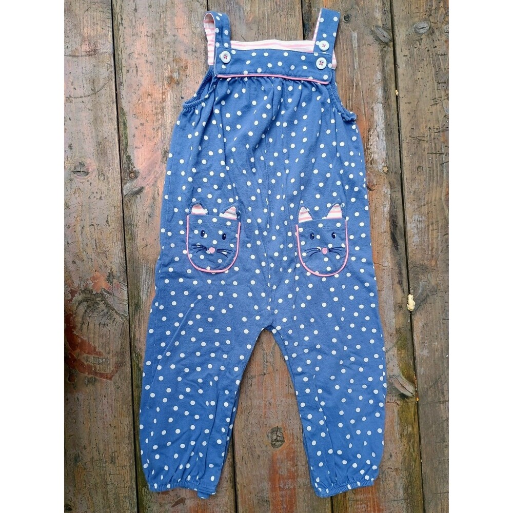 Baby Boden Girls Kitty Cat Overalls Polka Dot 18-24 Months Blue Pink Cotton